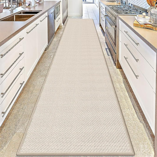 GOYLSER 12 Foot Kitchen Floor Runner Kitchen Sink Floor Mat with Rubber Backed, Absorbent Laundry Room Mat, Beige Hall Runner Long Non Slip