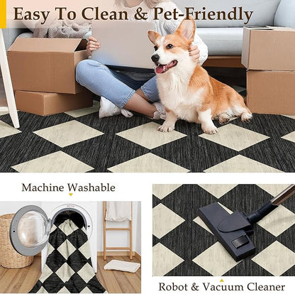 3x8 Runner Checkered Rug for Hallways Black Washable Long Carpet Non-Slip Low Pile Boho Indoor Accent Throw Rug for Entrance Kitchen Bedroom Dining Laundry