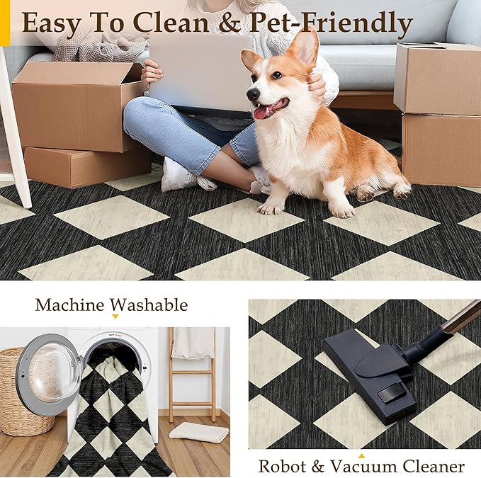 2x8 Runner Checkered Rug for Hallways Black Washable Long Carpet Non-Slip Low Pile Boho Indoor Accent Throw Rug for Entrance Kitchen Bedroom Dining Laundry