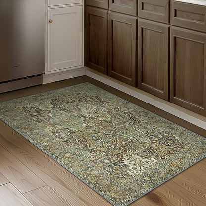 2x3 Entrance Rug Machine Washable Rug Small Door Mat,Ultra-Thin Low Pile Pad,Lightweight Indoor Carpet,Non Slip Floral Area Rug for Entryway,Bedside,Kids Room,Laundry,Bathroom,Sage Green