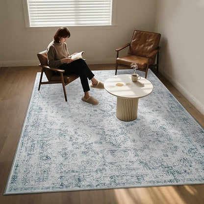 Light Blue 6x9 Area Rug Machine Washable for Living Room, Distressed Non Slip Rugs for Bedroom, Traditional Indoor Retro Floral Accent Vintage Carpet for Office Dining Room, Dorm