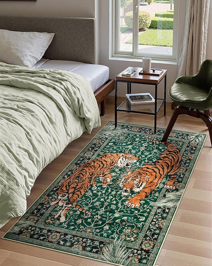 Moynesa Tiger 3x5 Washable Rug, Boho Area Rugs for Entryway, Green Non Slip Small Rug for Bedroom, Ultra Thin Botanical Soft Accent Carpet for Kitchen Entry Laundry Room