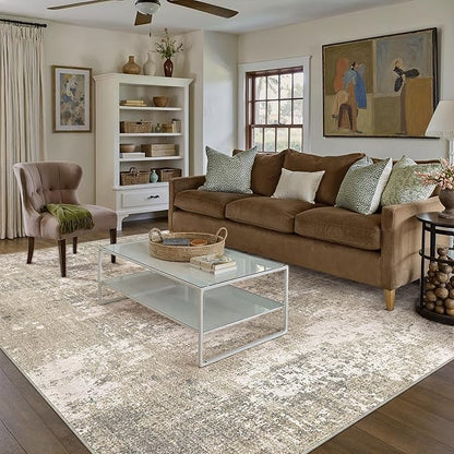 Beige Area Rug 8x10 Machine Washable Modern Abstract Living Room Carpet Non Slip Neutral Low Pile Soft Non Shedding Bedroom Contemporary Large Rug Indoor Office Dining Room Playroom