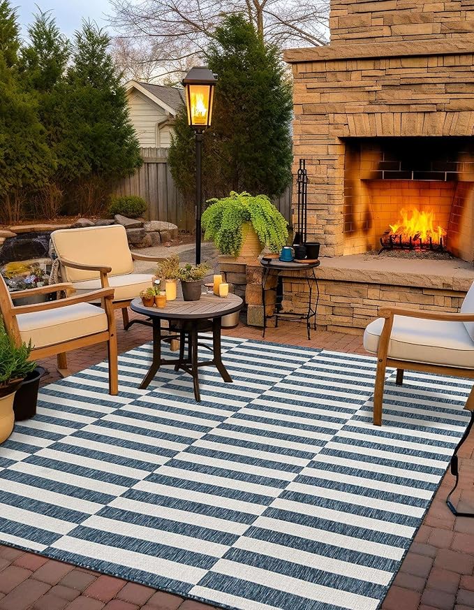Unique Loom Outdoor Striped Collection Area Rug - Striped (7' 10" Square Blue/Ivory)