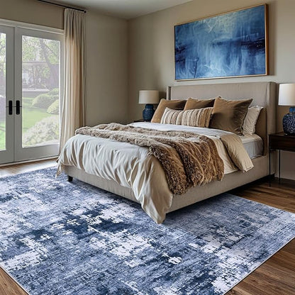 Area Rug Living Room Rugs - 5x8 Washable Large Soft Indoor Neutral Modern Abstract Low Pile Rug Carpet for Bedroom Dining Room Farmhouse Home Office - Navy Blue