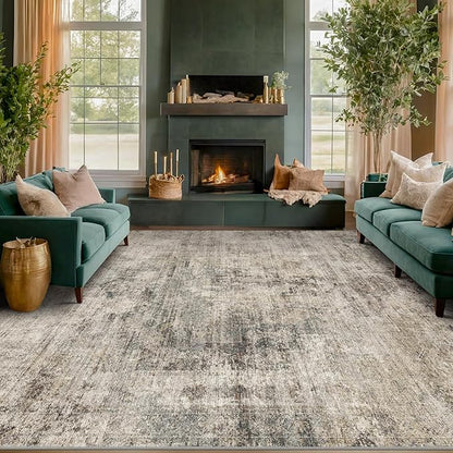5x7 Earthy Rug for Living Room, Vintage Unique Area Rug for Bedroom Under Bed, Dining Room, Washable Non Slip Brown Gray Taupe Décor