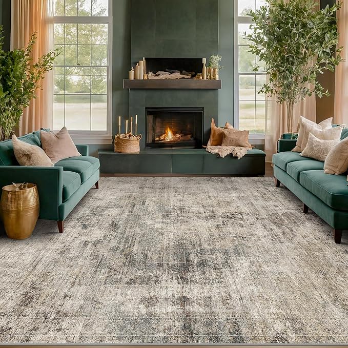 6x9 Brown Vintage Rug for Dining Room Under Kitchen Table, Modern Abstract Taupe Earthy Living Room Rug, Washable Non Slip Foldable High Traffic Area Carpet