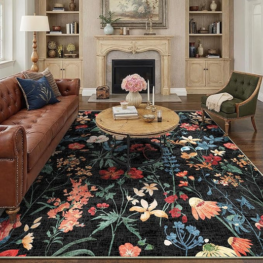 Black Area Rug 8x10 Floral Washable Living Room Kitchen Boho Carpet Non Slip Low Pile Indoor Accent Lightweight Soft Throw Rug for Bedroom Office Dining Room Nursery Farmhouse