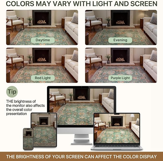 Bavni Living Room Rug, Modern Area Rugs 5x7 Non-Slip Washable, Chenille Printed Vintage Rugs for Bedroom Dinning Room Office, Sage/Gold