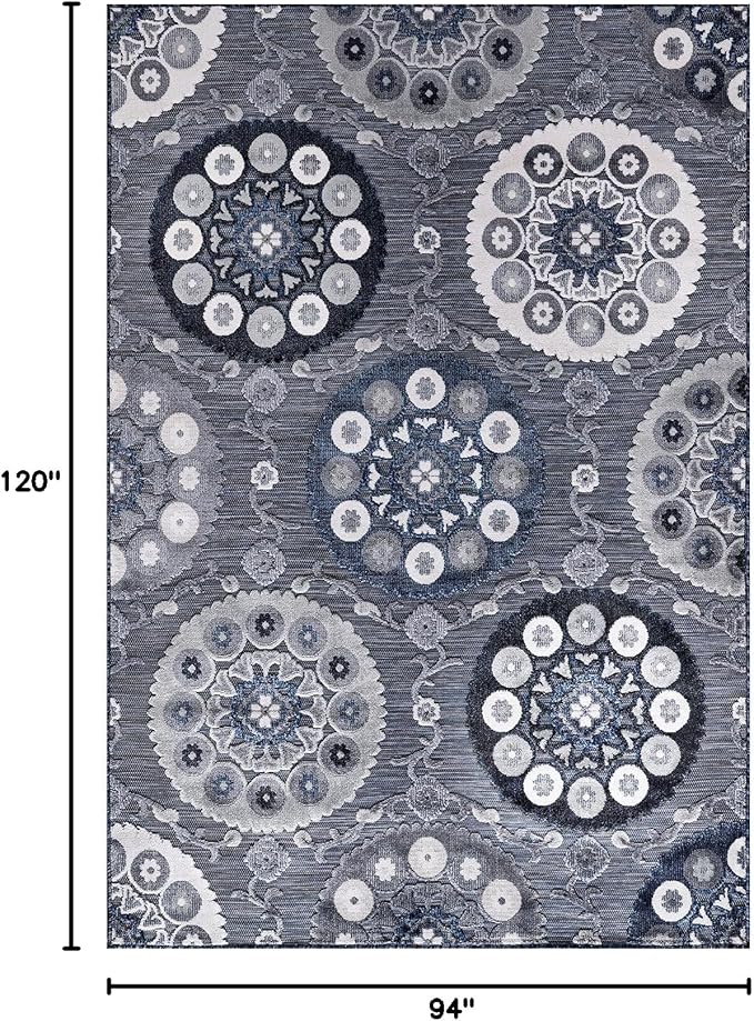 CAMILSON Indoor Outdoor Rug 8x10 Bohemian Medallion Floral Area Rugs for Indoor and Outdoor Patios Easy-Cleaning Non-Shedding Living Room Garden and Kitchen Washable Outside Carpet (8 x 10 / Navy)