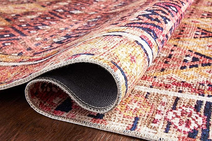 Loloi Layla Collection LAY-15 Magenta/Multi 2'-6" x 7'-6" .13" Thick Runner Rug, Soft, Durable, Vintage Inspired, Distressed, Low Pile, Non-Shedding, Easy Clean, Printed, Living Room Rug