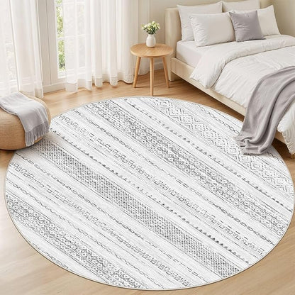 Nakagishi Round Rug Boho Area Rugs: 8x8 Washable Large Circle Neutral Soft Stain Resistant Non-Slip Carpet for Women Aged 25-45 Farmhouse Decor Enthusiasts - Living Room Bedroom Dining Room Nursery