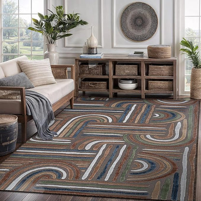 CAMILSON Indoor Outdoor Rug, Brown 6x9 Geometric Arch Striped Area Rugs for Patio and Home Areas, Easy-Cleaning Non-Shedding Living Room, Garden and Deck Washable Outside Carpet (6 x 9)