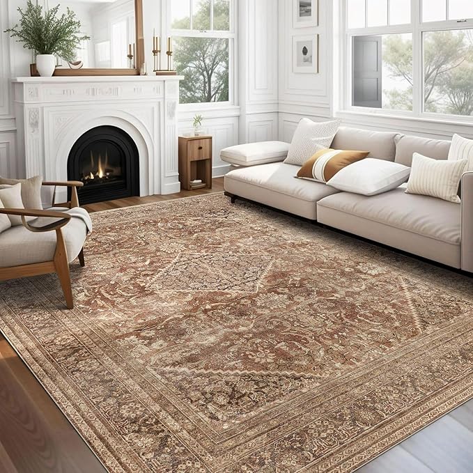 vivorug 8x10 Area Rugs for Living Room, Non-Slip Backing Washable Rug 8x10, Large Area Rug Soft Carpet for Bedroom Dining Room, Vintage, Easy Clean, Durable, Low Pile Rug Under Table, Earth Tone