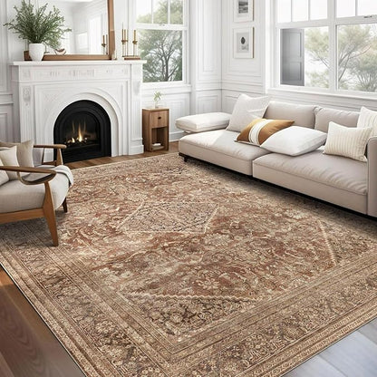 vivorug 8x10 Area Rugs for Living Room, Non-Slip Backing Washable Rug 8x10, Large Area Rug Soft Carpet for Bedroom Dining Room, Vintage, Easy Clean, Durable, Low Pile Rug Under Table, Earth Tone