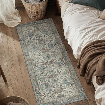 Bavni Bedroom Rug Runners for Hallways, Washable Runner Rug 2x10, Low Pile Non-Slip Indoor Throw Carpet for Bedroom Laundry Room, Blue/Ivory