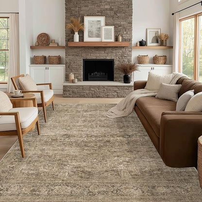 Fmfunctex 8x10 Washable Area Rug Brown Vintage Neutral Distressed Oriental Large Non Slip Carpet for Living Room Bedroom Soft Low Pile Indoor Mat Retro Throw Rug for Dining Room Kitchen Office Nursery