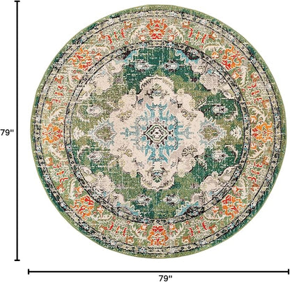 SAFAVIEH Monaco Collection Area Rug - 6'7" Round, Forest Green & Light Blue, Medallion Distressed Design, Non-Shedding & Easy Care, Ideal for High Traffic Areas in Living Room, Bedroom (MNC243F)