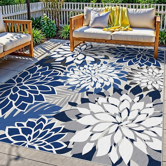 Colorful 9x12 Outdoor Area Rug Washable Multicolored Patio Rug Tropical Botanical Floral Chenille Waterproof Outdoor Carpet Non-Slip for Deck, Backyard, Porch, Blue