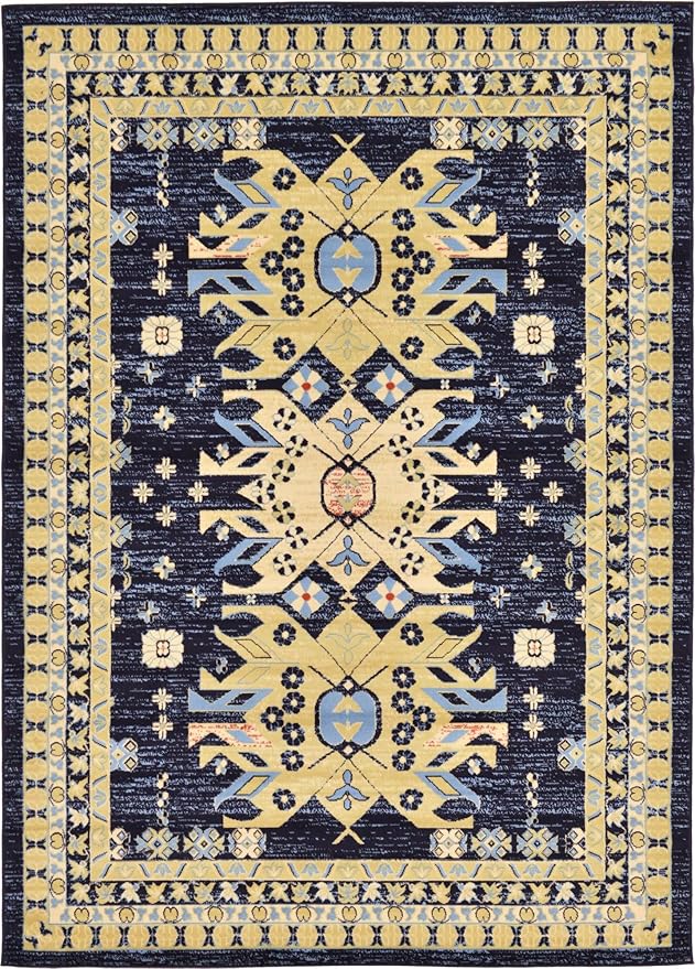 Unique Loom Taftan Collection Border Geometric Tribal Inspired Design Area Rug (7' 0 x 10' 0 Rectangular, Navy Blue/ Gold)