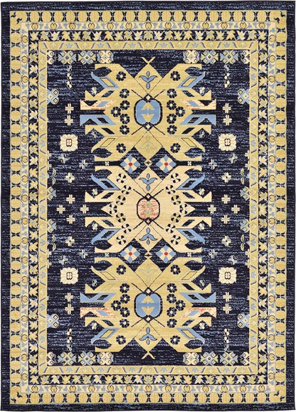 Unique Loom Taftan Collection Border Geometric Tribal Inspired Design Area Rug (7' 0 x 10' 0 Rectangular, Navy Blue/ Gold)