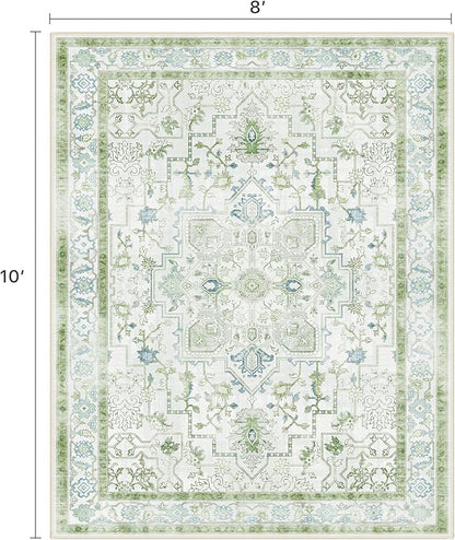 8x10 Area Rugs for Living Room, Machine Washable Non Slip Vintage Rugs, Low Pile Lightweigt Print Indoor Rug for Bedroom, Dining Room, Home Office, Cream Green