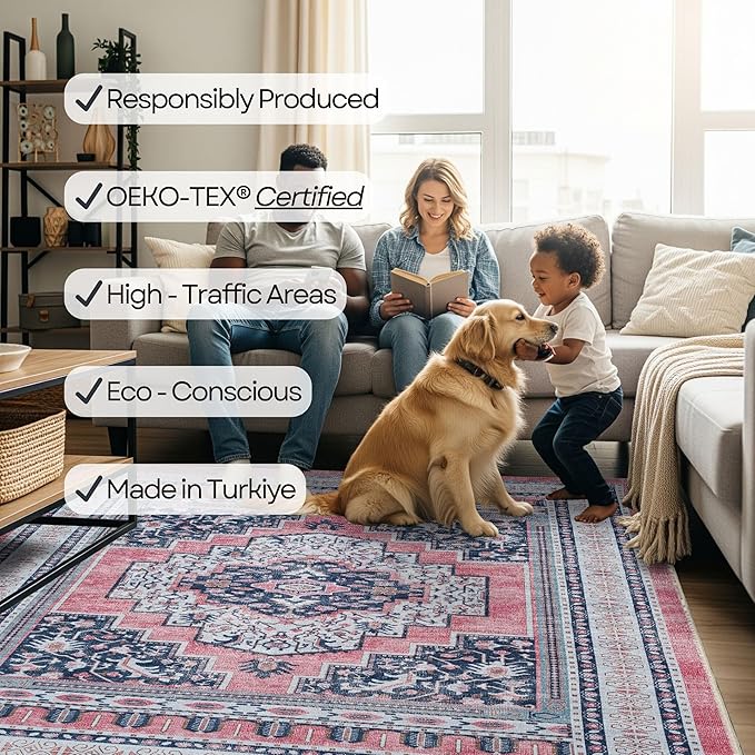 Fame Rugs Turkish Rug. Washable Vintage Oriental Antique Inspired Traditional Doormat Small Modern Area Rugs Luxury Entryway Entry Bedroom Bathroom Kitchen (399TN, 9' x 12')