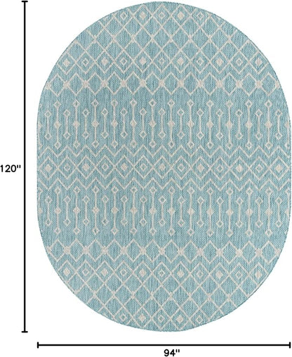 Unique Loom Outdoor Trellis Collection Area Rug - Tribal Trellis (7' 10" x 10' Oval, Aqua/ Ivory)