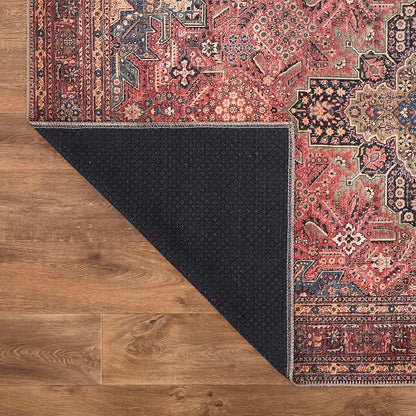 Bloom Rugs Washable Non-Slip 5' x 7' Rug - Red/Teal Blue/Yellow Traditional Medallion Area Rug for Living Room, Bedroom, Dining Room, and Kitchen - Exact Size: 5' x 7'