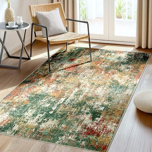 Washable Area Rugs 3'x5' Non-Slip Modern Abstract Soft for Living Room Entryway Bedroom Nursery, Print Pattern, Green Orange Rust Red Cream Colorful