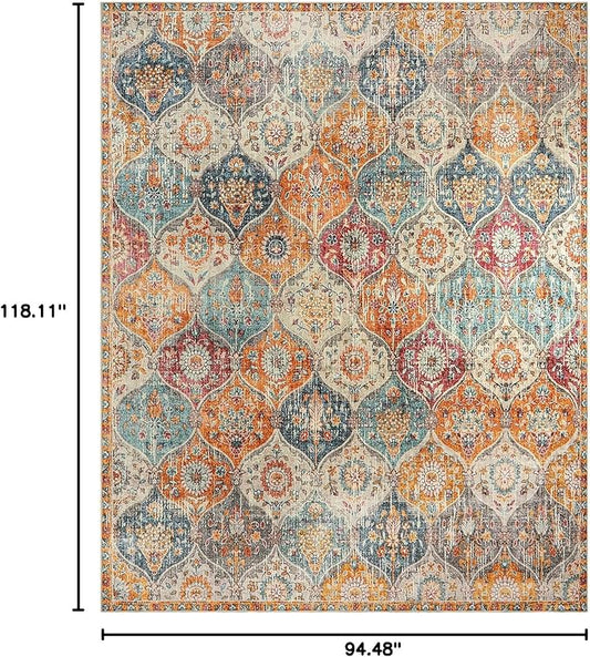 Lahome Moroccan Washable Area Rugs 8x10, 8x10 Rugs for Living Room Bedroom, Ultra-Thin Oriental Non-Slip Foldable Non Shedding Accent Large Carpet for Office Dining Room, Cream/Multi