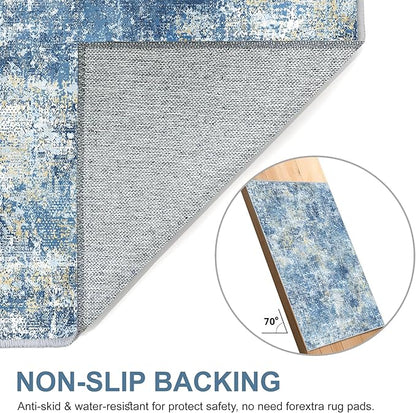 Bavni 8x10 Area Rugs Machine Washable Rug for Living Room, Modern Printed Rug Indoor Soft Area Rug for Bedroom Dining Room, Ultra-Thin Low Pile Carpet with Non Slip Rubber Backing, Denim Blue