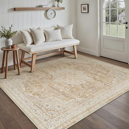 HUGEAR Machine Washable Area Rugs 3x5 Vintage Beige Brown Living Room Rug Neutral Style Non Slip Stain Resistant Low Pile Throw Carpet for Office Home Retro Aesthetic Modern Decor