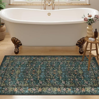 DUKINO 2x4 Rug for Entryway, Lightweight Washable Runner Rug with Non Slip Backing, Vintage Floral Low Pile Small Carpet Runner for Kitchen, Hallway, Entryway, Bathroom, Bedroom, Blue