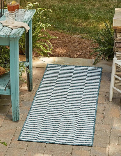 Unique Loom Outdoor Striped Collection Area Rug - Striped (2' x 6' 1" Runner, Teal/Ivory)