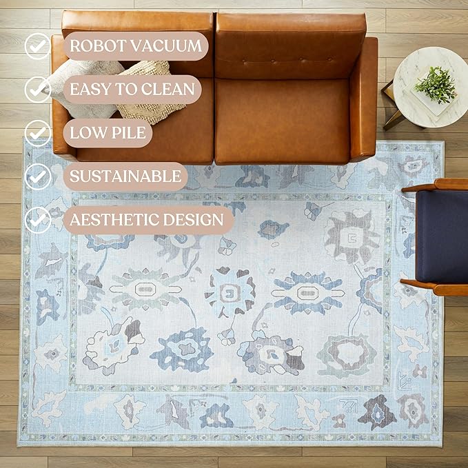 Fame Living Cream Blue Oushak Rug, Modern, Vintage, Turkish, Eclectic, Floral, Pastel, Washable, Area Rugs for Living Room, Dining, Bedroom, Nursery, Girls, Boys, 5'9"x8'9"