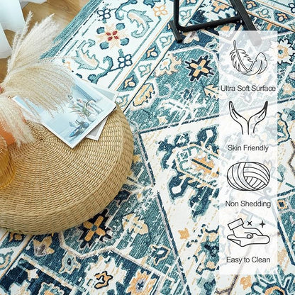 VK VK·LIVING Entryway Washable Rug 2'x3' Small Boho Bathroom Throw Area Rug Non Slip Doormat Indoor Front Door Machine Washable Carpet for Bathroom Kitchen Vintage (Green Beige)