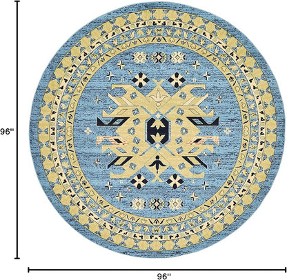 Unique Loom Taftan Collection Border Geometric Tribal Inspired Design Area Rug (8' 0 x 8' 0 Round, Light Blue/ Gold)