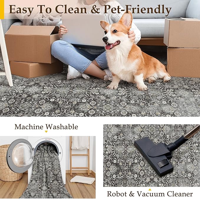 Black Runner Rug 2'6"x12' Vintage Area Carpet Hallway Long Indoor Kitchen Washable Living Room Low Pile Traditional Distressed Retro Accent Rug Non Slip Laundry Bathroom Office Dining Room