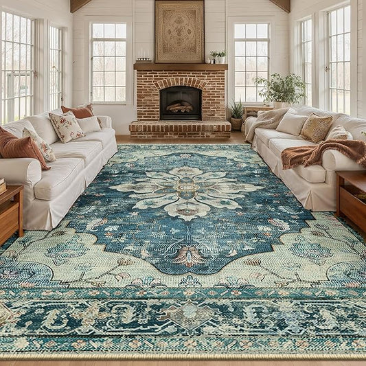 Area Rugs 10'x12' Washable Non-Slip, Floral Vintage Distress Print Pattern Medallion Carpet for Living Room Bedroom Dining Room, Dark Blue Vintage