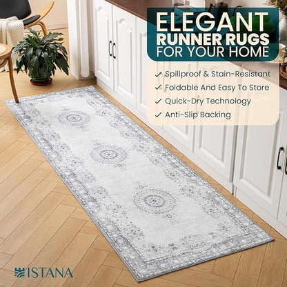 Istana Hallway Runner Rug 2.5x8 - Grey/Gold Kitchen Rugs Non Slip Washable -Silk's Soft Touch Carpet Runner - Stylish Rugs for Home