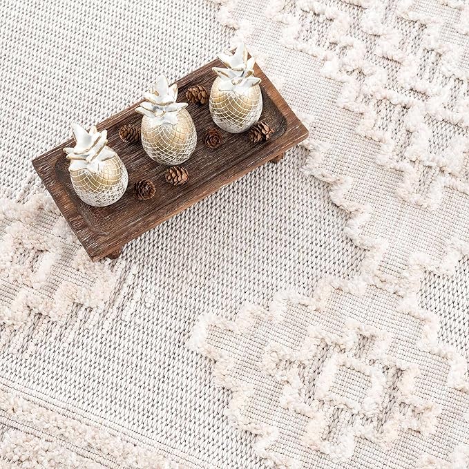 Hauteloom Rosales Farmhouse Living Room Bedroom Modern Moroccan Medallion Area Rug - Soft Shaggy High Low Carpet - High Pile - Bohemian, Boho - White, Beige, Cream - 7'10" x 10'
