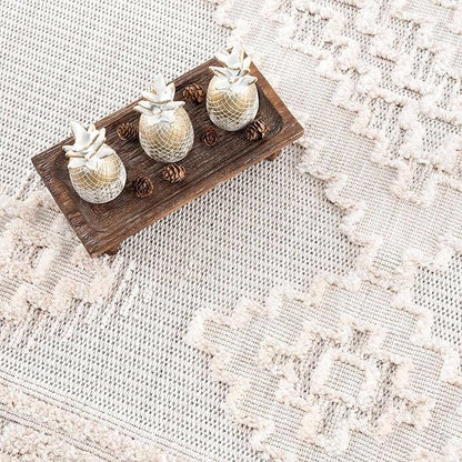 Hauteloom Rosales Farmhouse Living Room Bedroom Modern Moroccan Medallion Area Rug - Soft Shaggy High Low Carpet - High Pile - Bohemian, Boho - White, Beige, Cream - 7'10" x 10'