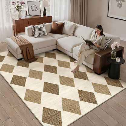 5x7 Checkered Area Rugs for Living Room Brown Machine Washable Large Rug Non-Slip Stain Resistant Low Pile Boho Accent Indoor Throw Carpet for Office Bedroom Dining Room Classroom