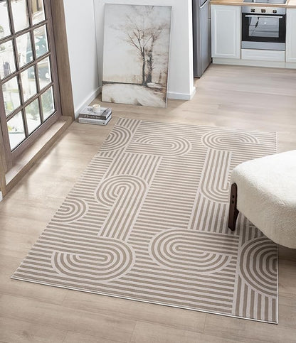 Annabel Modern Geometric Area Rug for Living Room, 4x6 Contemporary Arched Linear Beige Neutral Rug, Stain Resistant Non-Shedding Carpet for Bedroom, Dining Room or Kitchen (4' x 6', Beige)