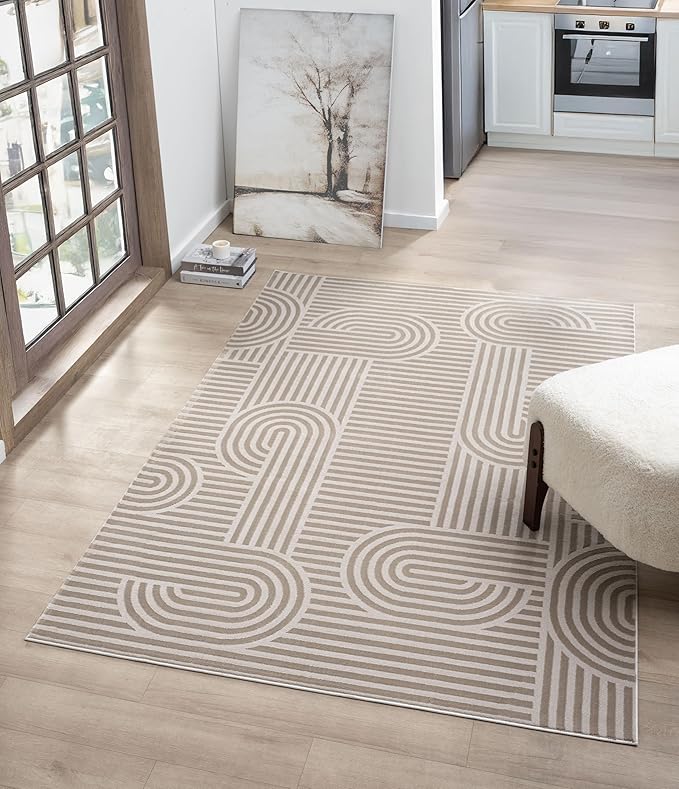 Annabel Modern Geometric Area Rug for Living Room, 8x10 Contemporary Arched Linear Beige Neutral Rug, Stain Resistant Non-Shedding Carpet for Bedroom, Dining Room, Kitchen (8' x 10', Beige)