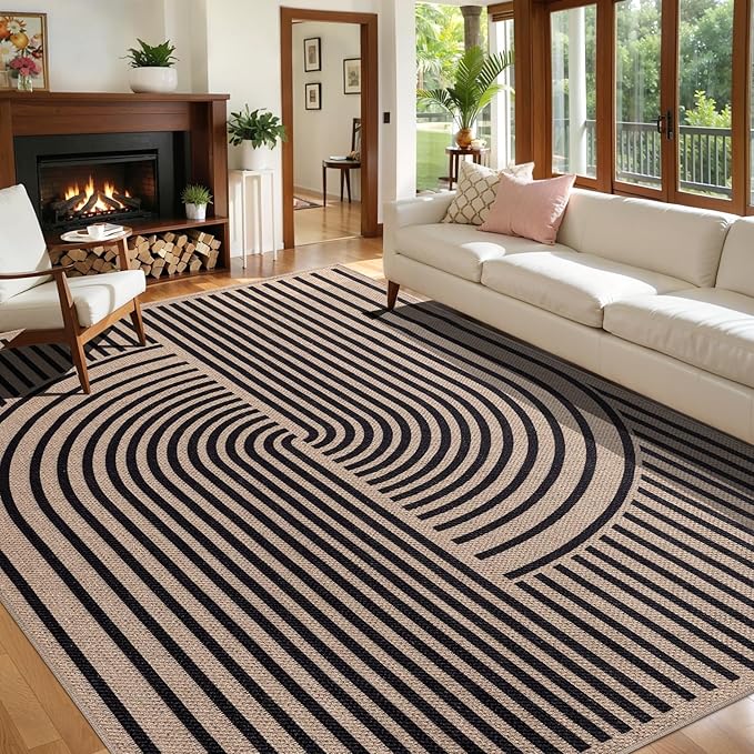 Tangsoo Rainbow Easy Jute Rug 6x9 Washable Area Rugs for Living Room,Black Non Slip Indoor Outdoor Carpet,Farmhouse Modern Office Mat for Backyard Dining Room Patio Bedromm