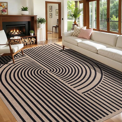 Tangsoo Rainbow Easy Jute Rug 6x9 Washable Area Rugs for Living Room,Black Non Slip Indoor Outdoor Carpet,Farmhouse Modern Office Mat for Backyard Dining Room Patio Bedromm