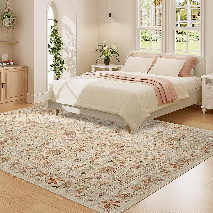 DUKINO 5x7 Area Rugs, Floral Washable Rugs for Bedroom with Non Slip Backing, Vintage Low Pile Indoor Floor Carpets for Bedroom, Living Room, Farmhouse, Home Office, Dining Room, Beige