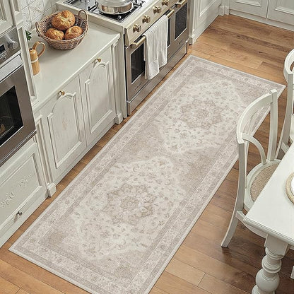 Beige Area Rug 2x4 Washable Vintage Carpet Entryway Kitchen Soft Retro Low Pile Thin Door Mat Non Slip Oriental Medallion Throw Small Rug for Bathroom Office Bedroom Dining Room